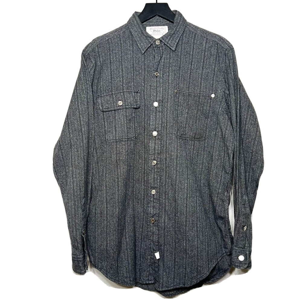 Vintage Polo Ralph Lauren Dungarees Work Shirt 90s Herringbone Metal Buttons M